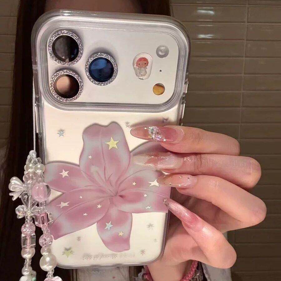 ins韩风银底鎏金星星百合花适用苹果17promax手机壳iphone16pro春夏新款15带挂绳14磨砂13女17全包防摔保护套