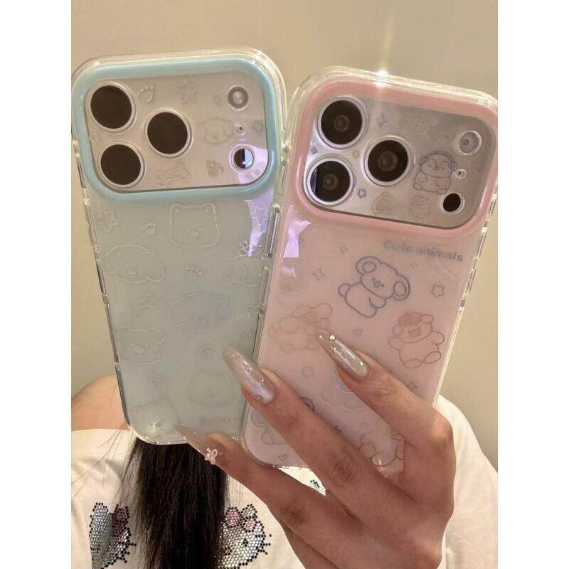 ins韩风简约粉底蓝底鎏金线条小动物适用苹果17promax手机壳iPhone16pro新款ip15男pm女17全包14防摔13/12/11