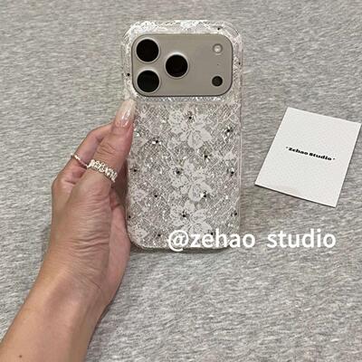 日韩简约白蕾丝花纹波点适用于14promax苹果16手机壳全包边女款iPhone17防摔保护套16promax个性iPhone15潮壳