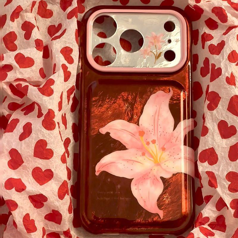 韩系酒红锡纸纹粉色百合花适用苹果18promax手机壳iPhone18pro新款17pro女17pm防摔保护套16pro超好看15pm