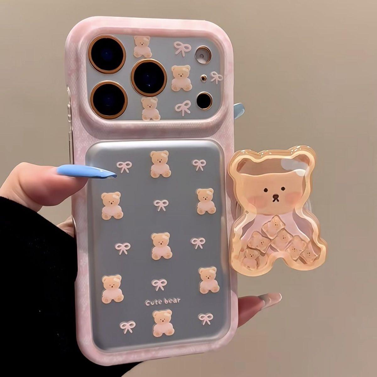 萌系粉边银底蝴蝶结坐姿小熊适用iPhone18promax手机壳15新款17pro网红女款13创意全包防摔18pro超好看17