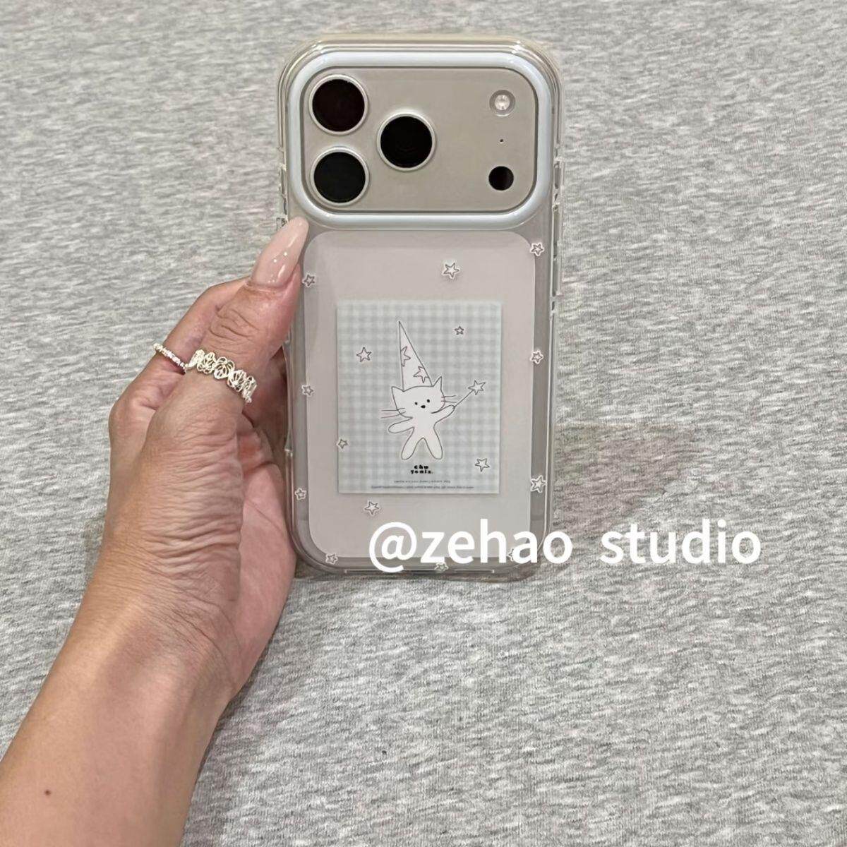 透底格子礼帽白猫简约小清新适用苹果iPhone17ProMax手机壳16Pro新款15小众15Pro带镜头膜15promax硅胶17Pro