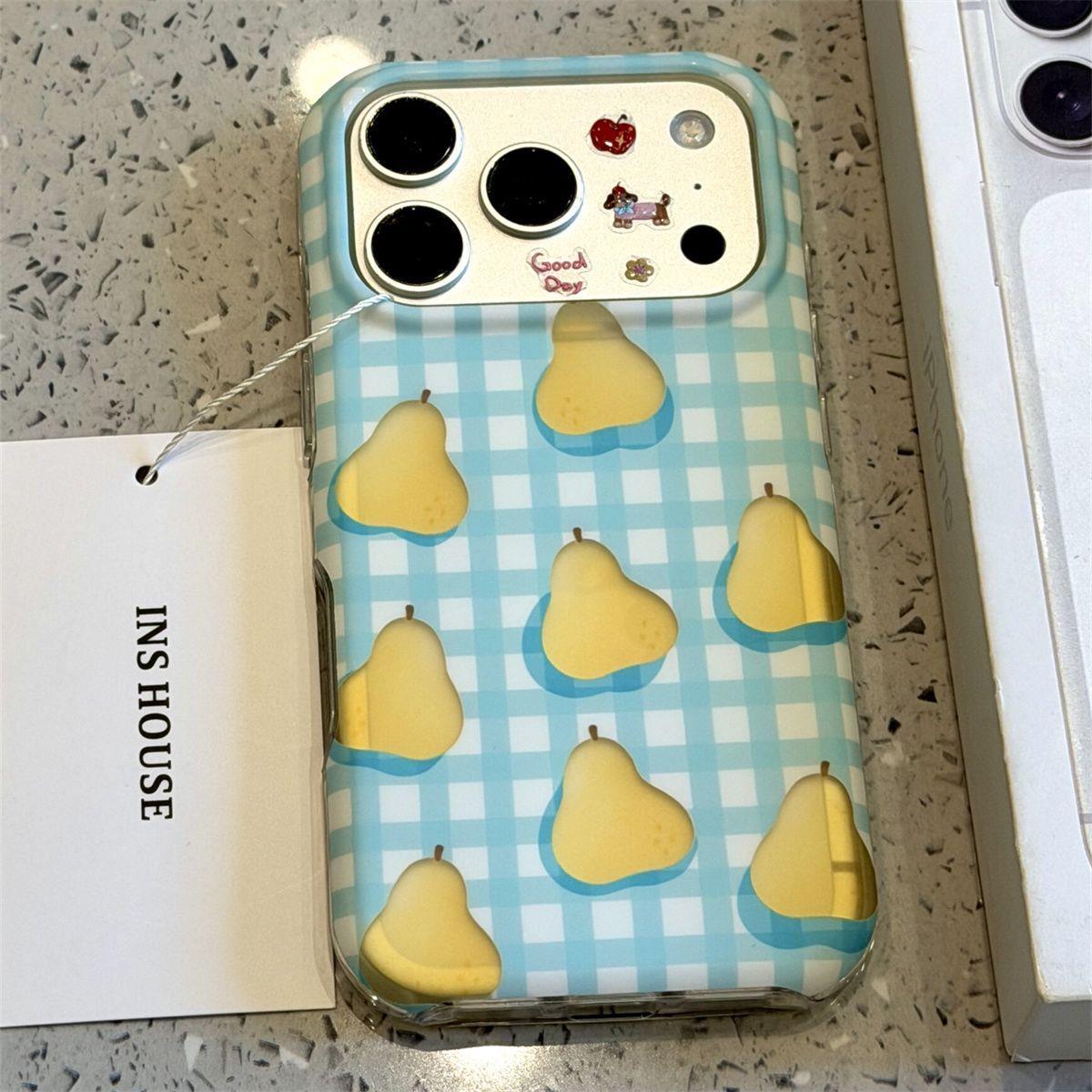 小清新蓝白格子纹镂空梨子适用苹果17promax手机壳iphone16新款15pro女款14pm全包保护壳