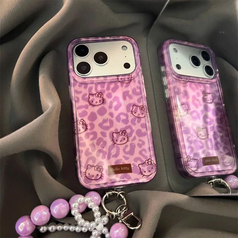甜酷紫色豹纹卡通HelloKitty带链条适用iPhone17ProMax手机壳苹果16pro新款15PRO女款小众13硅胶14防摔全包