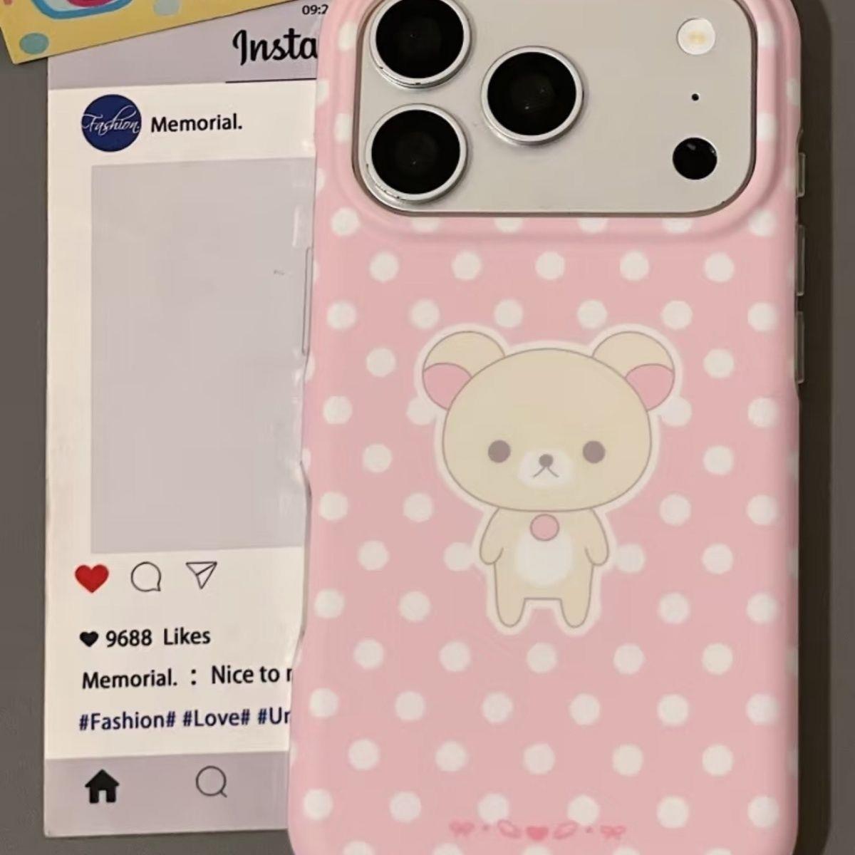 萌可爱少女古早粉底波点小熊磨砂双层15pro适用17苹果16Pro Max手机壳iphone17pro新款14保护套防摔