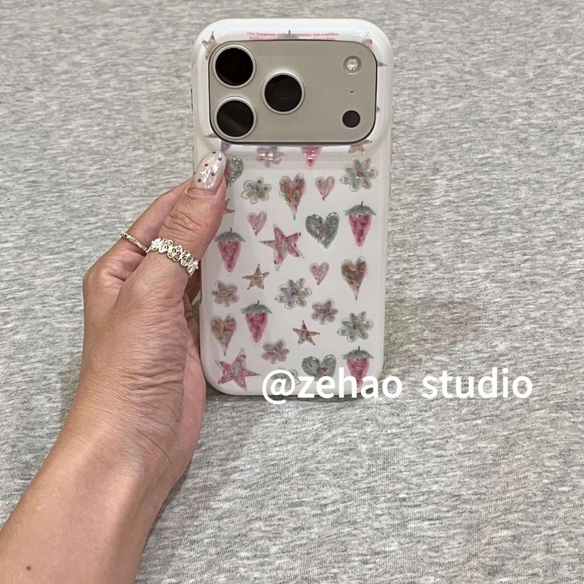 韩系镭射星星草莓适用于苹果iPhone17promax手机壳16pro女款15pro闪粉彩钻卡通时尚潮流保护套高级感激光镭雕
