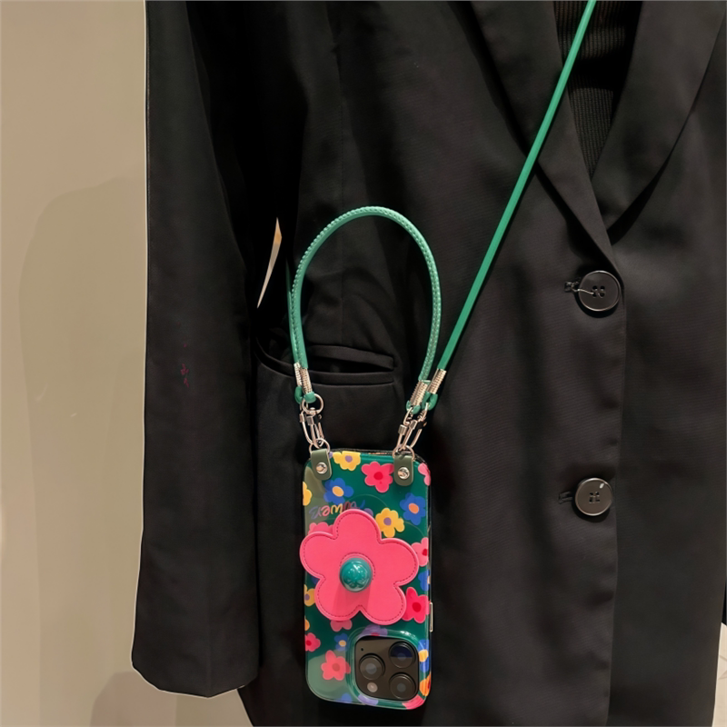 新款小众高级感绿底小彩花支架适用于苹果iPhone16promax手机壳腕带苹果15斜挎14挂绳13女