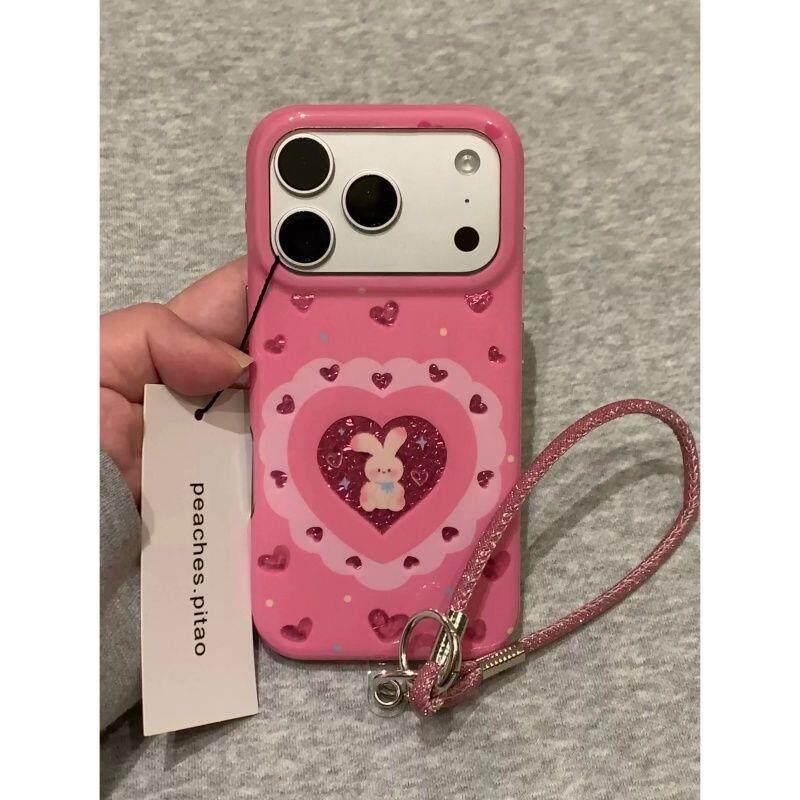 ins风玫红爱心可爱兔子带链条适用iPhone17promax手机壳17苹果新款16ProMax女款15pro硅胶14pro防摔13保护套