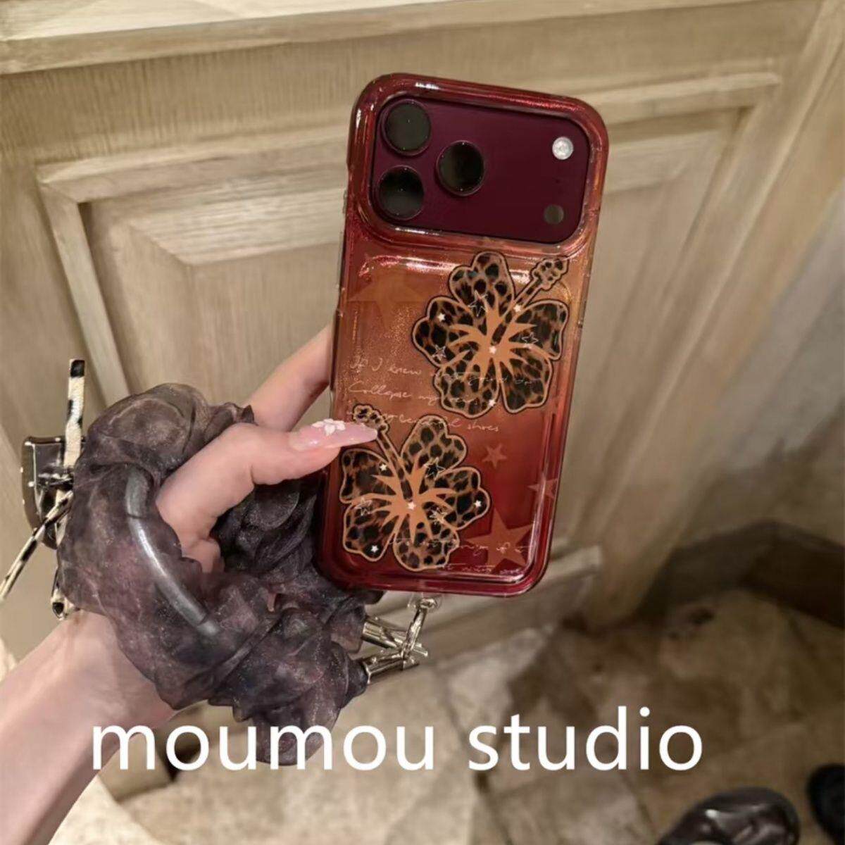 秋冬酒红色豹纹百合花适用iPhone18promax手机壳15新款17pro网红女款13创意全包防摔18pro超好看17保护套