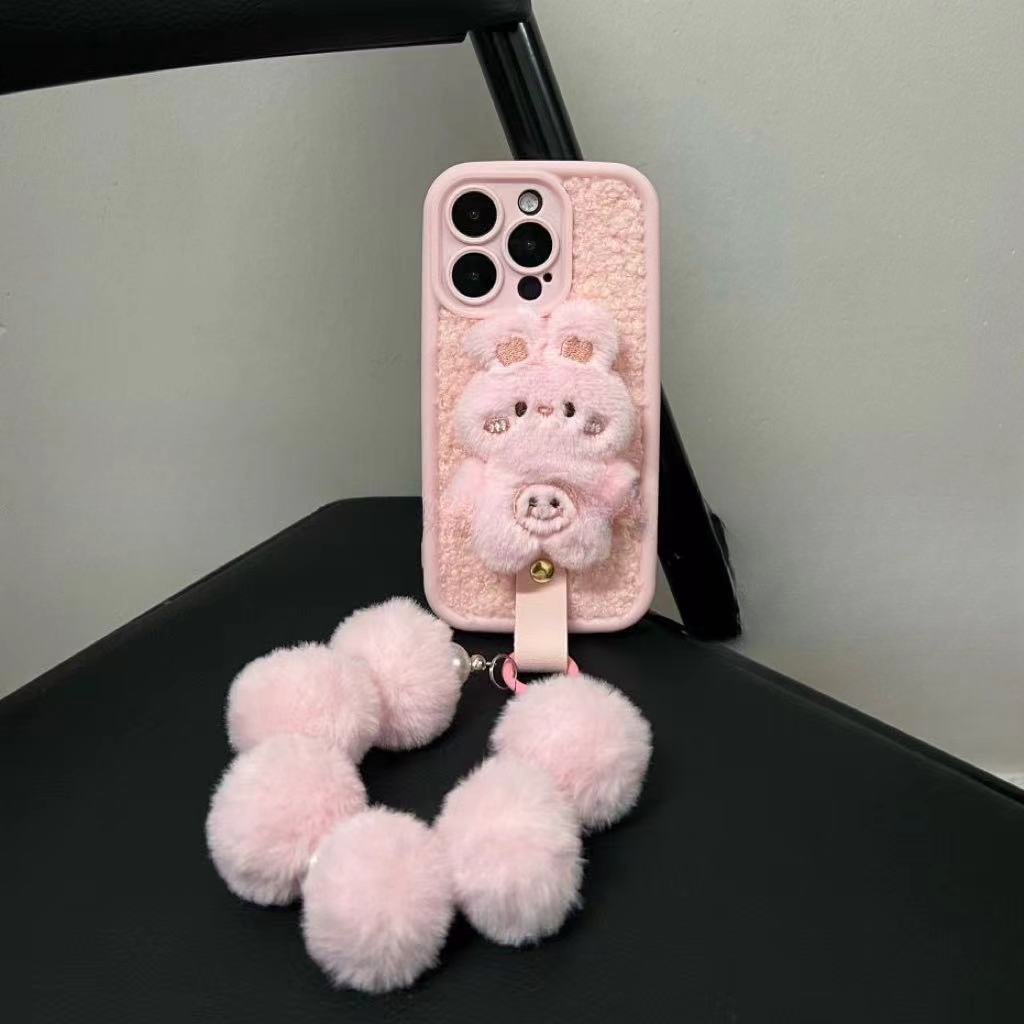 毛绒粉色兔子适用苹果16手机壳iPhone15/14秋冬新款13/12创意11PROMAX防摔XS/XR超火14PLUS小众XSMAX保护套IP