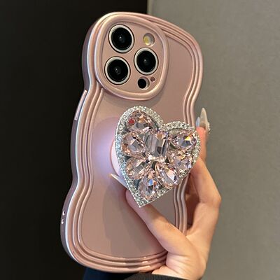 高级感粉色立体爱心水钻支架适用iPhone14pro新款苹果13promax手机壳12pro小众个性11女13硅胶14pm全包保护套