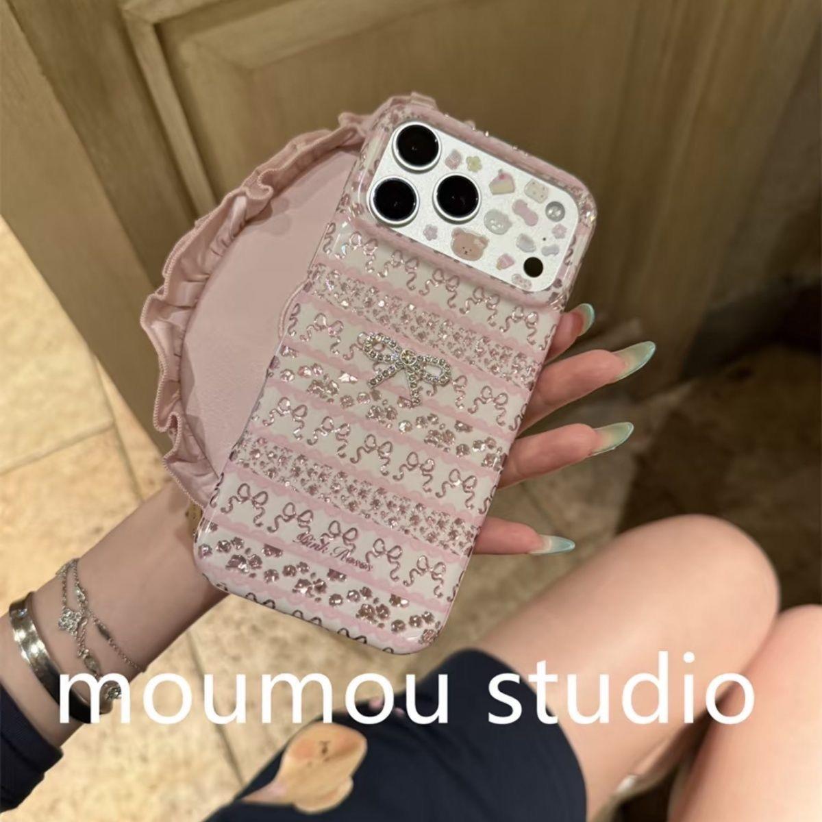 粉白条纹鎏金蝴蝶结韩系ins拼接适用苹果18promax手机壳iphone17pro新款16pro超好看独特15pro少女心17保护套