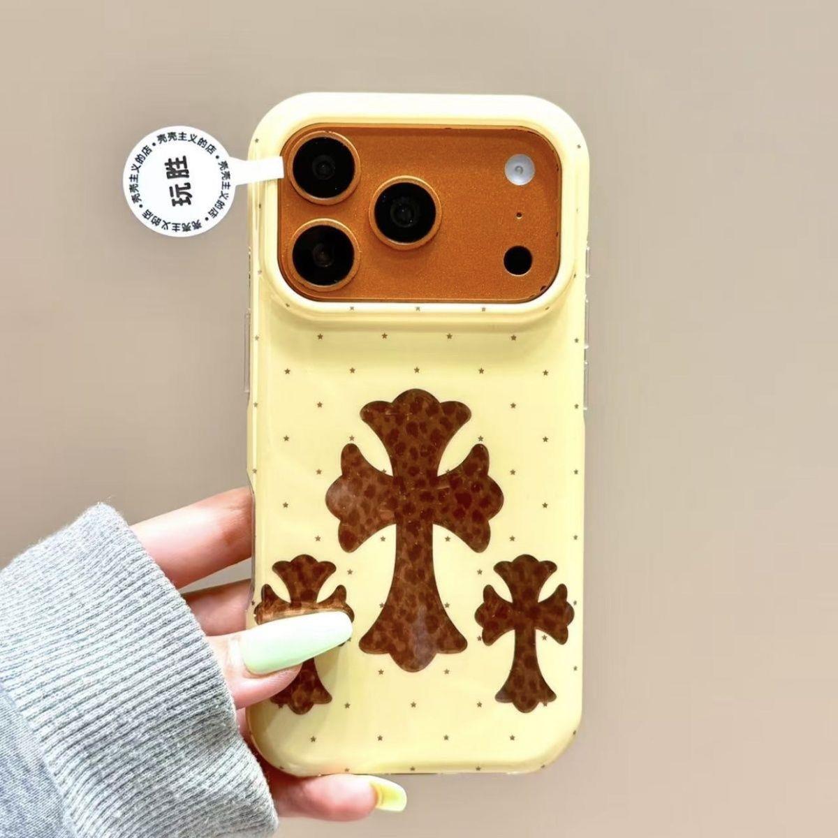 淡黄波点豹纹十字架适用苹果18promax手机壳iphone17新款15pro女款16pm全包保护壳