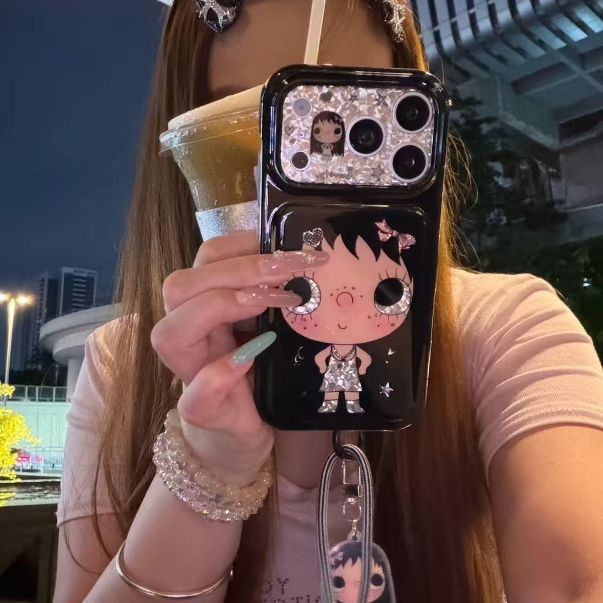 韩系ins可爱钻纹大眼女孩带挂绳适用iPhone17promax手机壳苹果15pro新款16大视窗13女14硬壳15双层防摔保护套