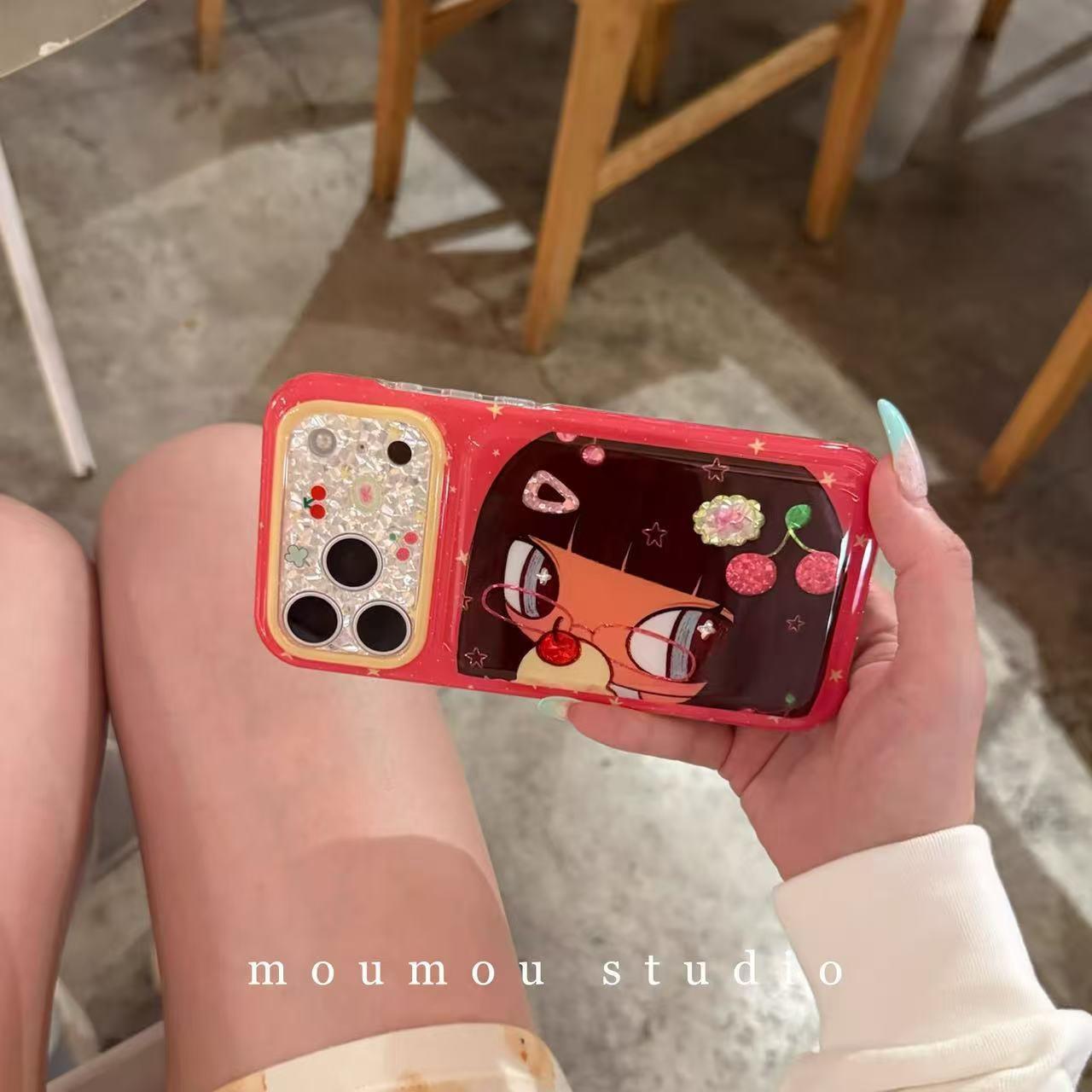 红底横屏吃甜点黑发少女萌女孩适用于iphone17promax苹果16PM双层IMD苹果15Pro少女心全包iPhone17Pro保护套