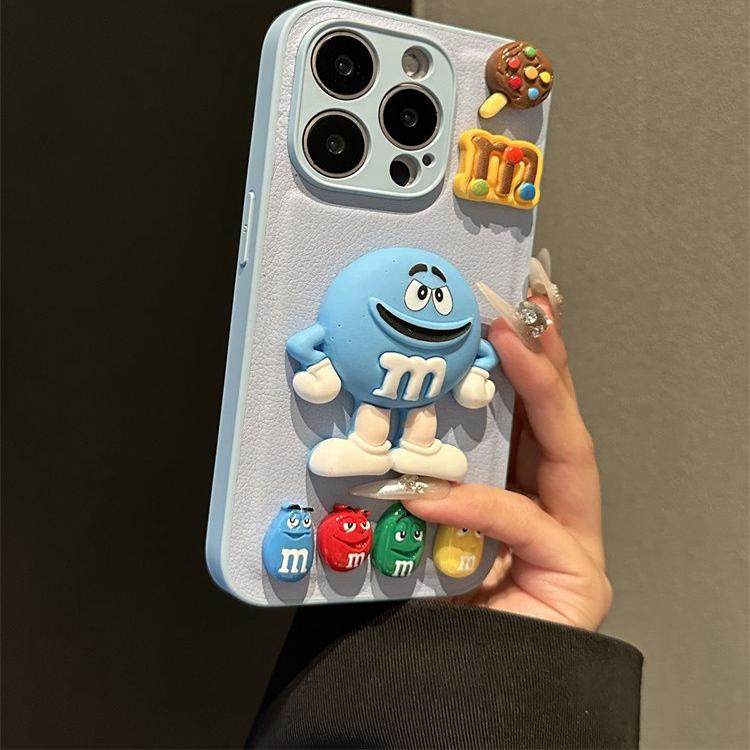 蓝色皮质立体mm豆公仔适用苹果15promax手机壳苹果15新款iphone15高级感13套14防摔12硅胶14ProMax女13全包11