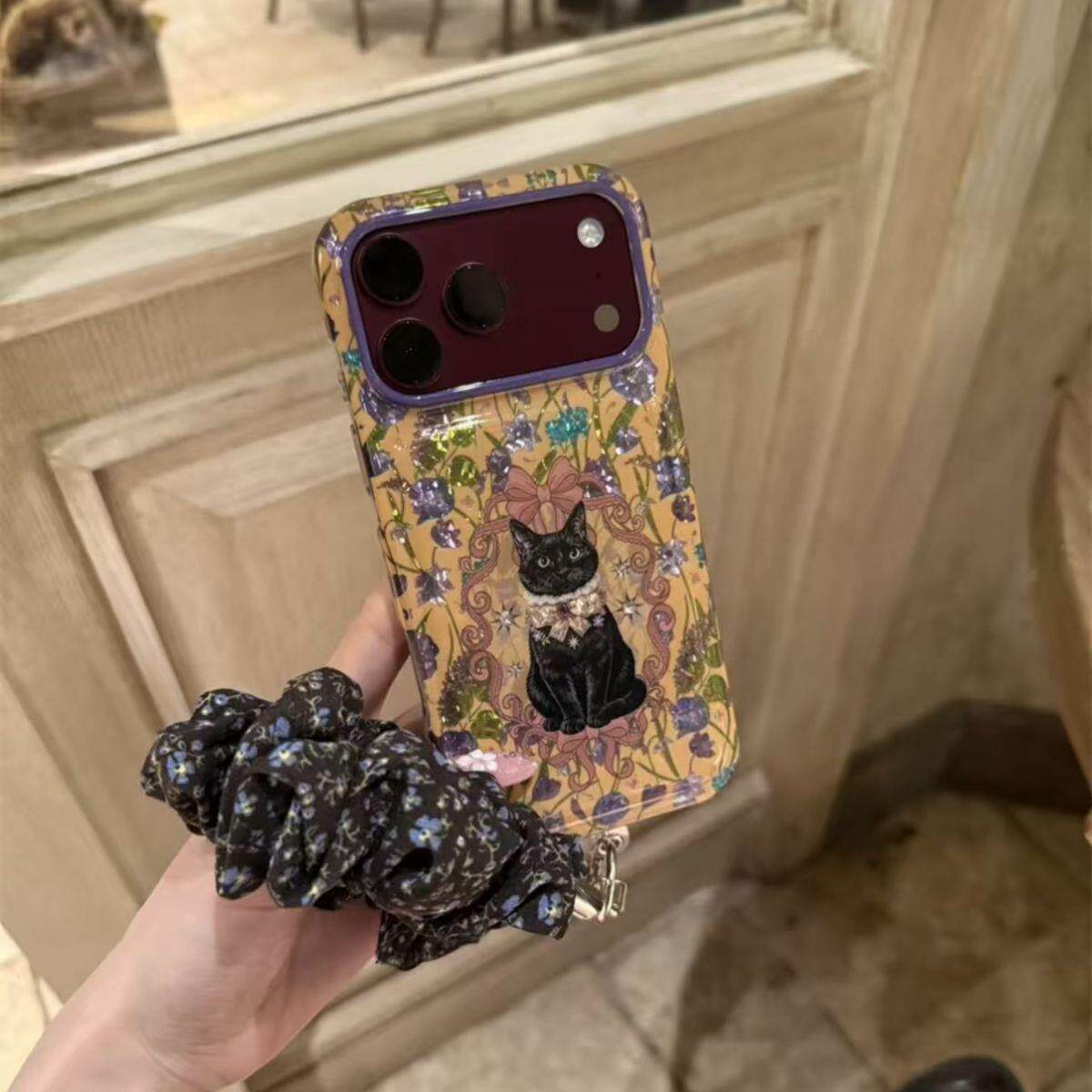 秋冬复古碎花黑猫适用苹果18promax/iphone18pro新款手机壳韩式ins风氛围感16小众创意高级感17全包型防摔女