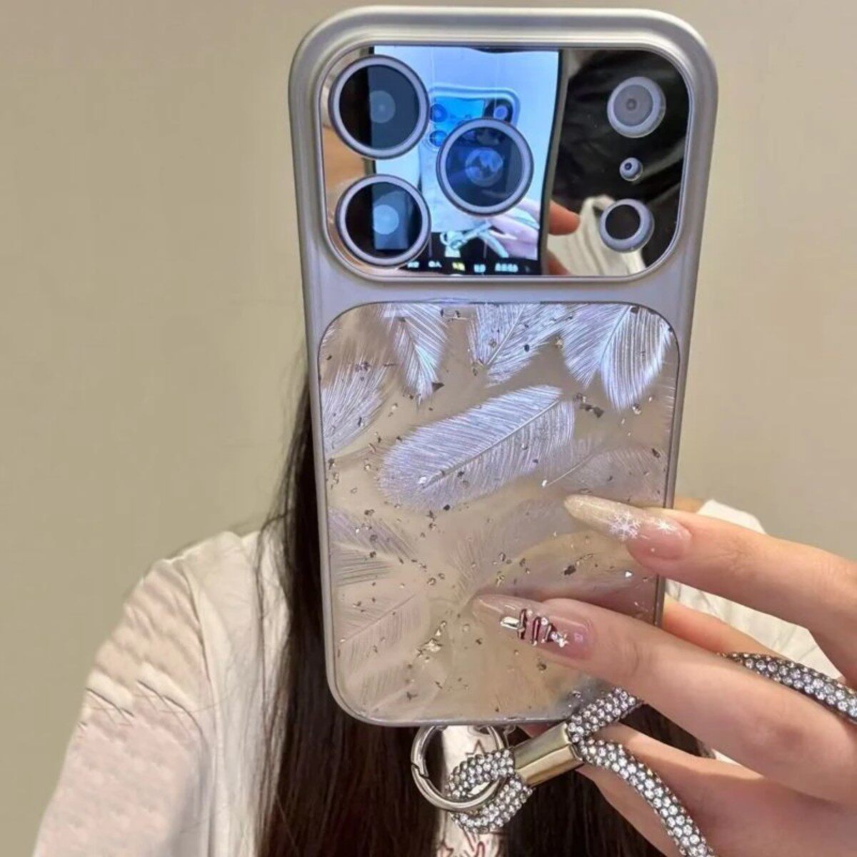 ins韩系高级感闪粉银色羽毛适用iphone17promax苹果16手机壳15新款14网红爆款13全包防摔17pro带挂链轻奢超火