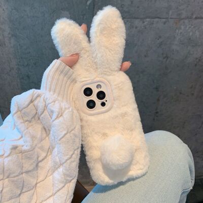 ins可爱秋冬毛绒白色兔适用11苹果15ProMax手机壳iPhone12全包14新款12Pro软16Promax防摔保护套13