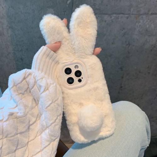 ins可爱秋冬毛绒白色兔适用11苹果15ProMax手机壳iPhone12全包14新款12Pro软16Promax防摔保护套13