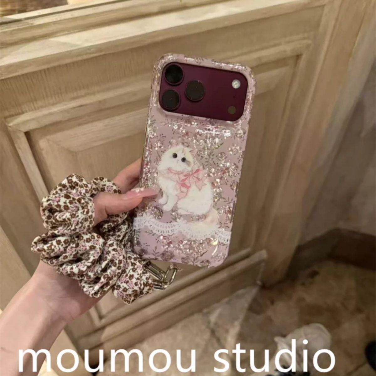 可爱透明粉色百合花猫咪适用苹果18promax手机壳iphone17promax新款15女16pro带挂绳17pro全包防摔手机套