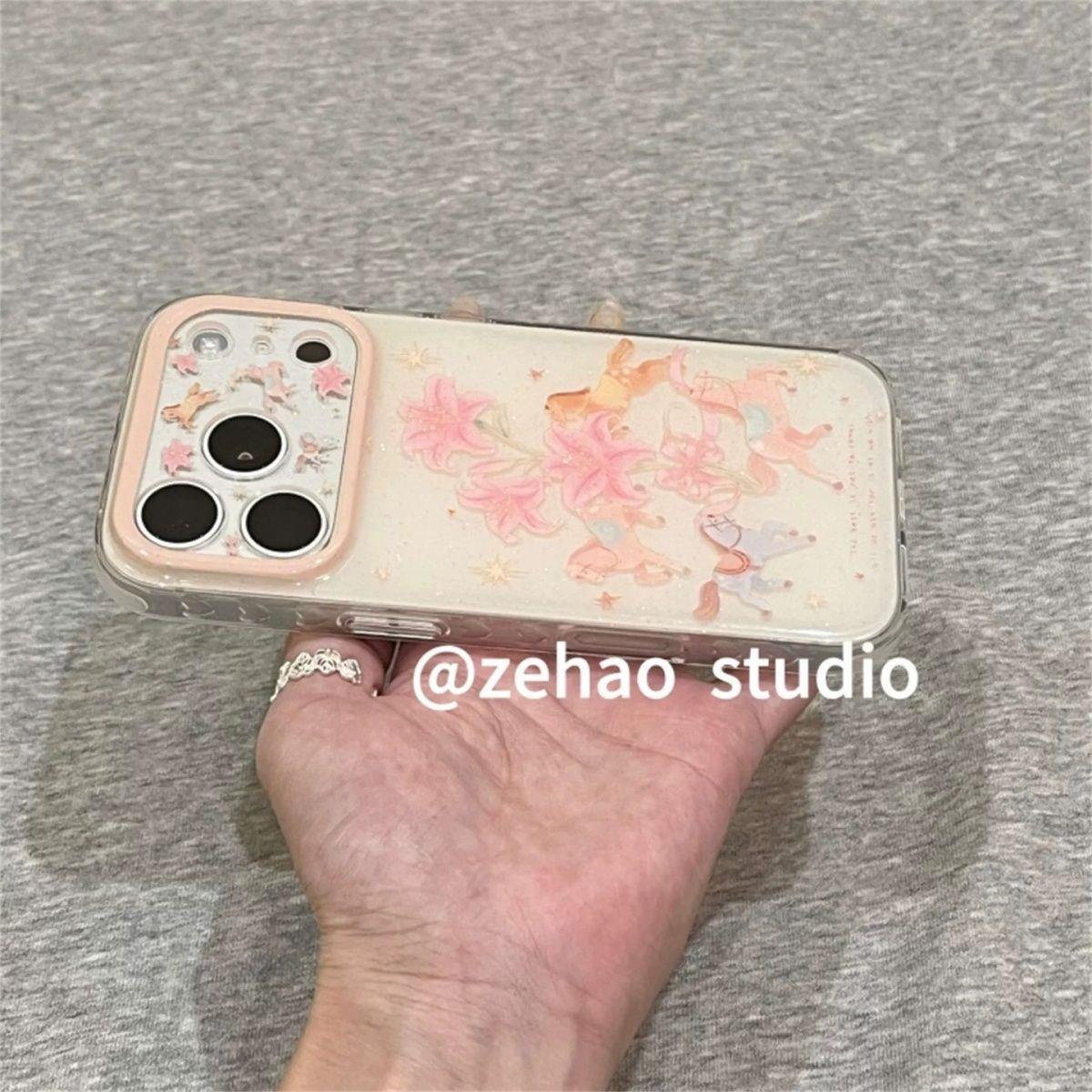 韩系ins风浅粉底围圈小马粉花朵适用于iphone17promax手机壳苹果15保护套14防摔新款16pro巨好看max手机套女p