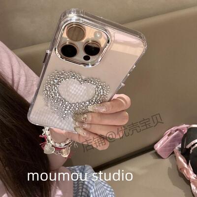 高级感ins风银镜透明透钻爱心适用苹果16promax手机壳iPhone15女款14个性13网红15Pro防摔16pro保护套