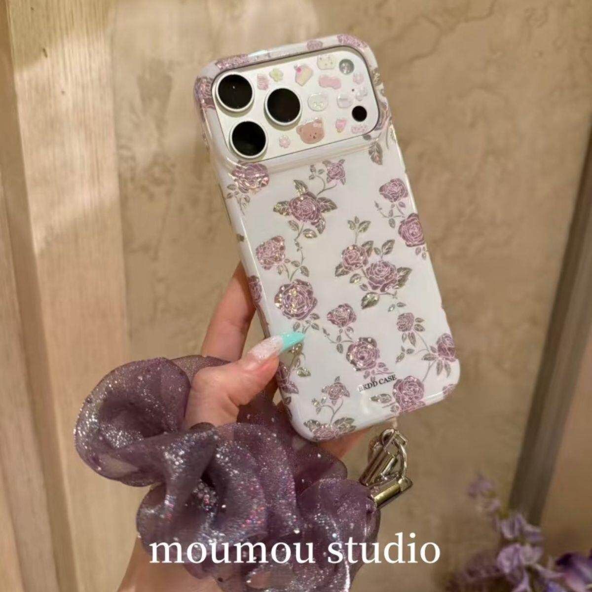 韩系ins镭射紫色玫瑰花适用苹果18promax手机壳iphone17promax新款15女16pro带挂绳17pro全包防摔手机套
