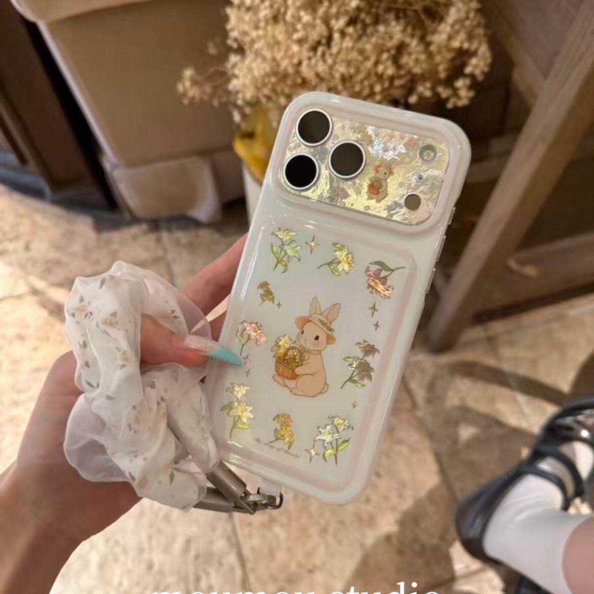 ins古早镭射花朵小兔适用苹果17/16promax新款手机壳15创意可爱女款个性防摔ins风韩系不撞壳16pro全包小清新