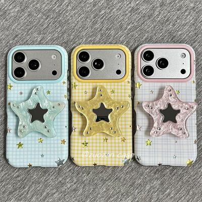 韩系纯色格纹立体镜面星星适用苹果17promax手机壳iphone17新款16pmins风15p治愈16pro奶油风17Pro全包保护套
