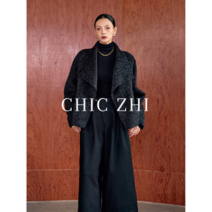 CHIC ZHI25冬季新款高级轻奢双面羊绒大翻领苏力羊驼短款毛呢外套