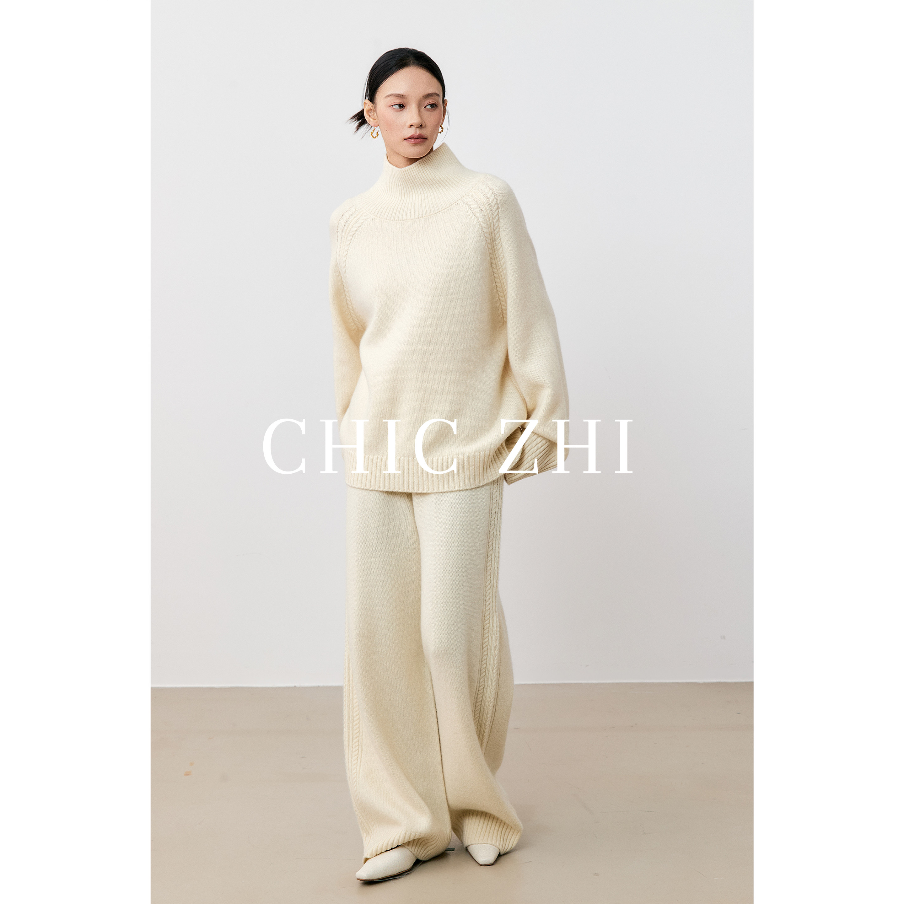 CHIC ZHI25 100%羊毛轻奢半高领套头针织毛衣极简直筒裤针织套装