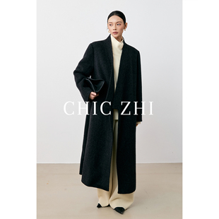 设计感门襟压线羊毛毛呢大衣极简双面呢大衣 新品 CHIC ZHI25冬季