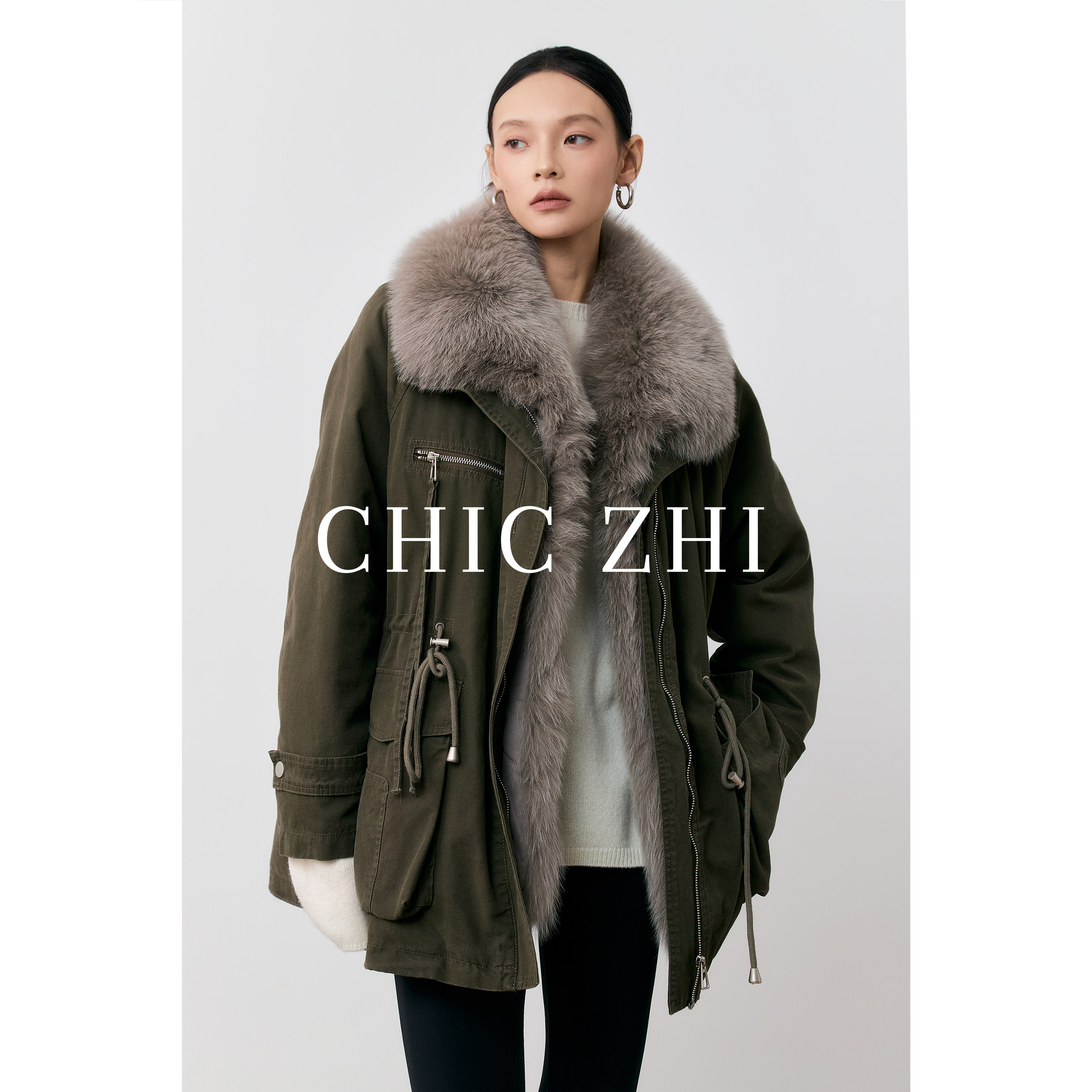 CHIC  ZHI巴恩风可拆卸狐狸毛领羽绒派克服中长款遮屁股廓形外套,女装/女士精品,派克服,淘宝优惠券,粉丝福利购,淘宝优惠卷