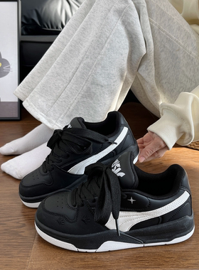 黑色原创厚底面包鞋男女同款百搭运动休闲板鞋2025新款学生小白鞋