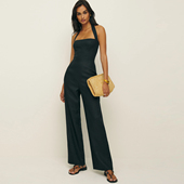 显瘦度假风长裤 reformation小众设计感亚麻挂脖吊带连体裤 修身 女