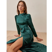 refor法式 绿色缎面立领开叉性感连衣裙子女气质晚宴年会礼服长裙