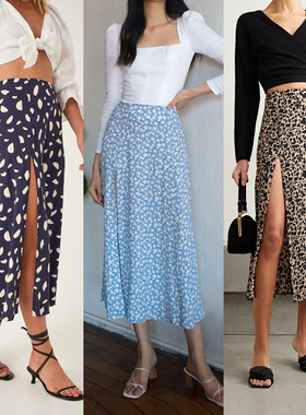 refor法式复古性感包臀碎花显瘦高腰开叉半身裙子女夏鱼尾中长裙