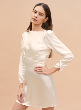 refor法式一字领设计感仿真丝缎亮面气质礼服连衣裙赫本风a字短裙