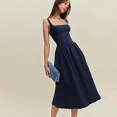 Reformation法式 小众复古亚麻方领收腰吊带连衣裙高级感度假长裙