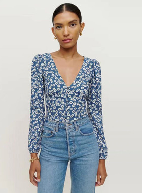 refor法式复古V领修身显瘦碎花衬衫女士设计感小众雪纺衫短上衣