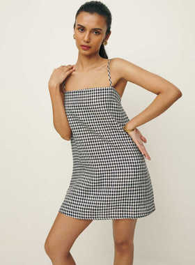 refor法式复古棉麻黑白格子吊带连衣裙子设计感小众高级感a字短裙