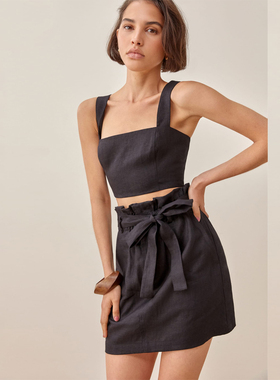 reformatio法式棉麻黑白色套装裙女夏吊带短上衣半身短裙两件套