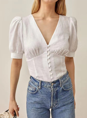 refor法式复古v领白色泡泡短袖棉麻修身衬衫女新款设计感短上衣