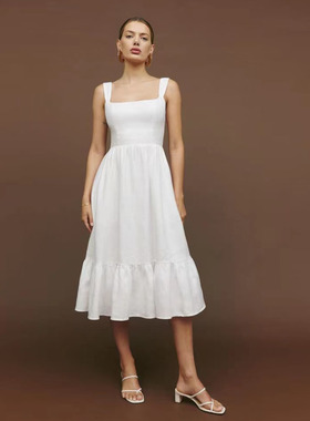 refor法式复古白色棉麻气质显瘦吊带连衣裙子夏时髦荷叶边长裙