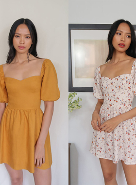 refor法式方领泡泡袖黄色棉麻连衣裙子收腰显瘦气质设计感连衣裙