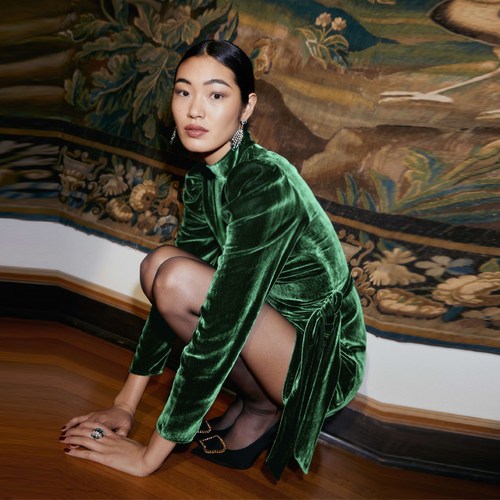 refor法式复古绿色丝绒连衣裙子