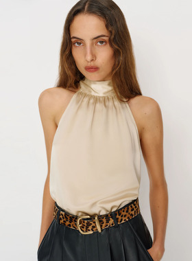 Ref法式设计感小众缎面挂脖吊带背心衬衫女无袖时尚气质外穿上衣