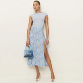 Ref法式 小众人丝蓝色碎花开叉包臀气质高腰半身裙子A字裙度假长裙