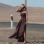 法式 小众设计棉麻白色褶皱开叉修身 抹胸连衣裙气质高端度假风长裙